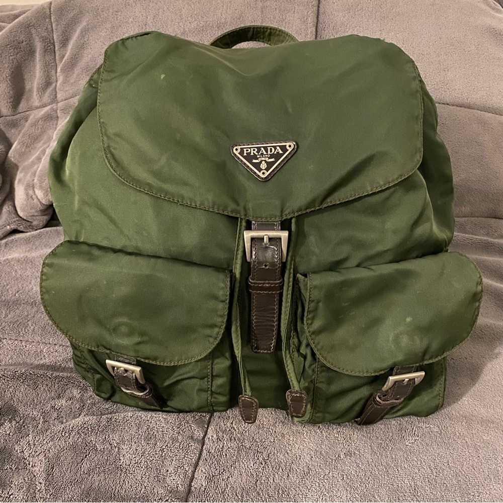 VINTAGE ARMY GREEN PRADA UNISEX NYLON DRAWSTRING BACKPACK